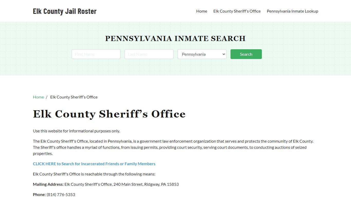 Elk County Sheriff Office, PA, Arrest Warrants Search